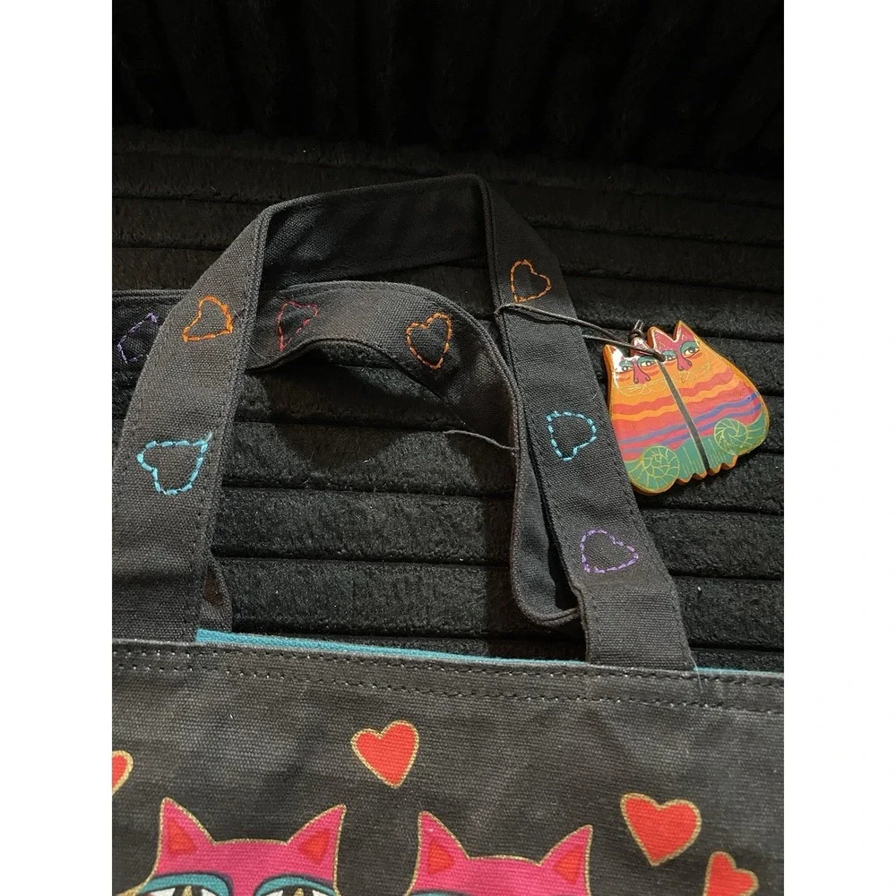 Vintage Laurel Burch Feline Cats with Hearts Colorful Tote Bag Purse 9x10" - Picture 5 of 13